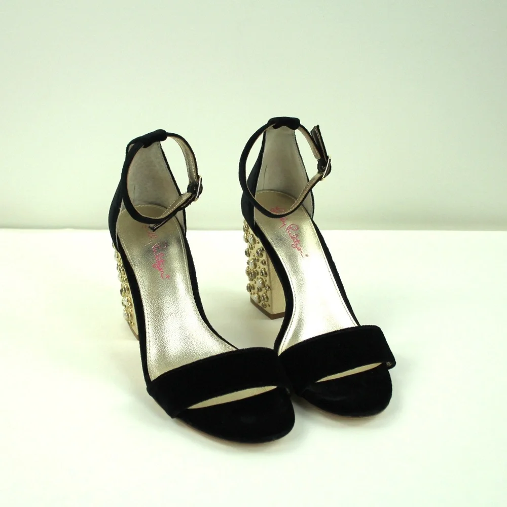 Lilly Pulitzer Amber Lynn Black Velvet Faux Pearl Rhinestone Block Heel Sandal 7